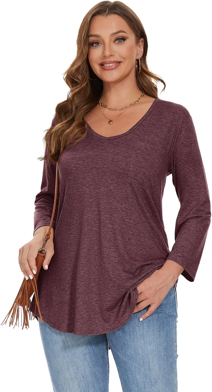 BELAROI Womens Plus Size Tunic Tops 3/4 Sleeve V Neck T Shirts Basic Tee Loose Blouses with Pocket