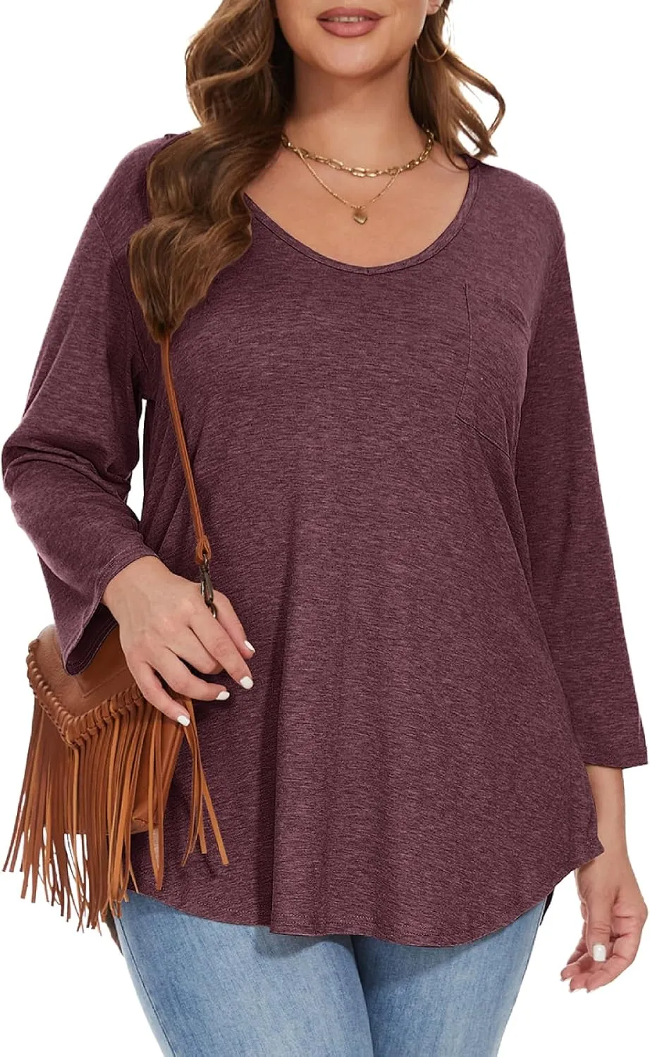 BELAROI Womens Plus Size Tunic Tops 3/4 Sleeve V Neck T Shirts Basic Tee Loose Blouses with Pocket