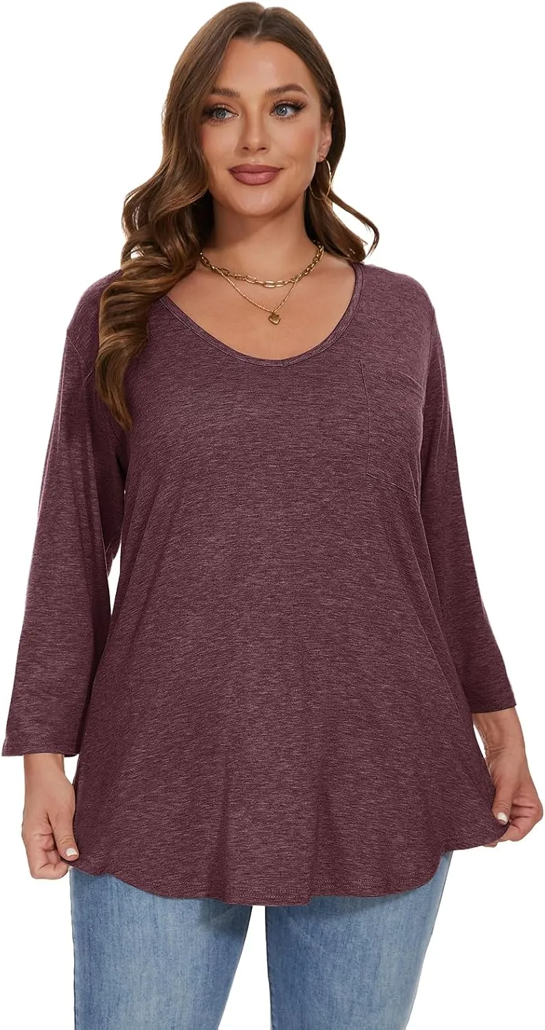 BELAROI Womens Plus Size Tunic Tops 3/4 Sleeve V Neck T Shirts Basic Tee Loose Blouses with Pocket