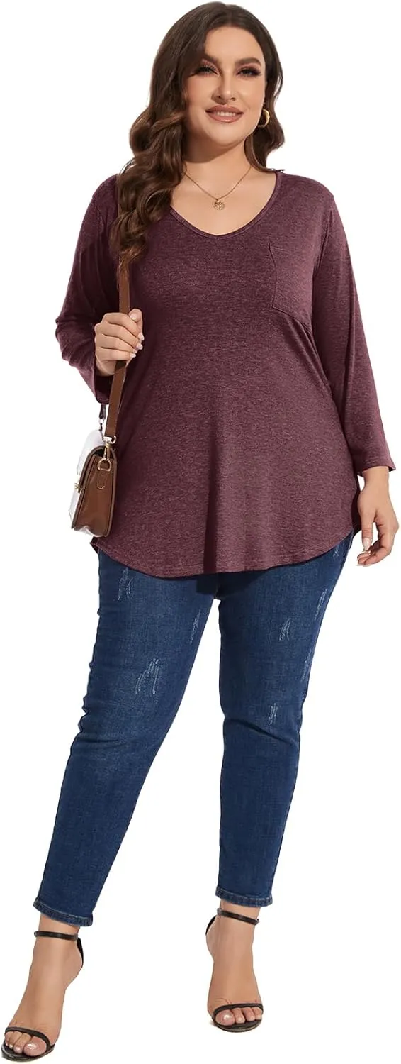 BELAROI Womens Plus Size Tunic Tops 3/4 Sleeve V Neck T Shirts Basic Tee Loose Blouses with Pocket