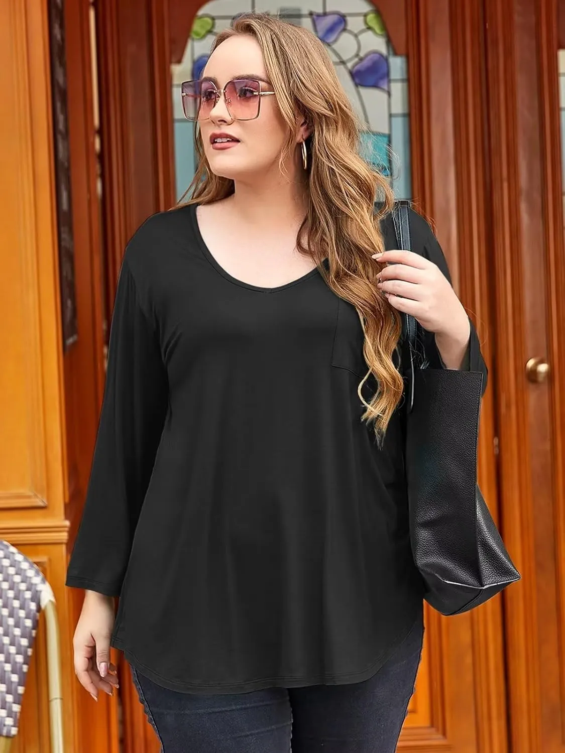 BELAROI Womens Plus Size Tunic Tops 3/4 Sleeve V Neck T Shirts Basic Tee Loose Blouses with Pocket