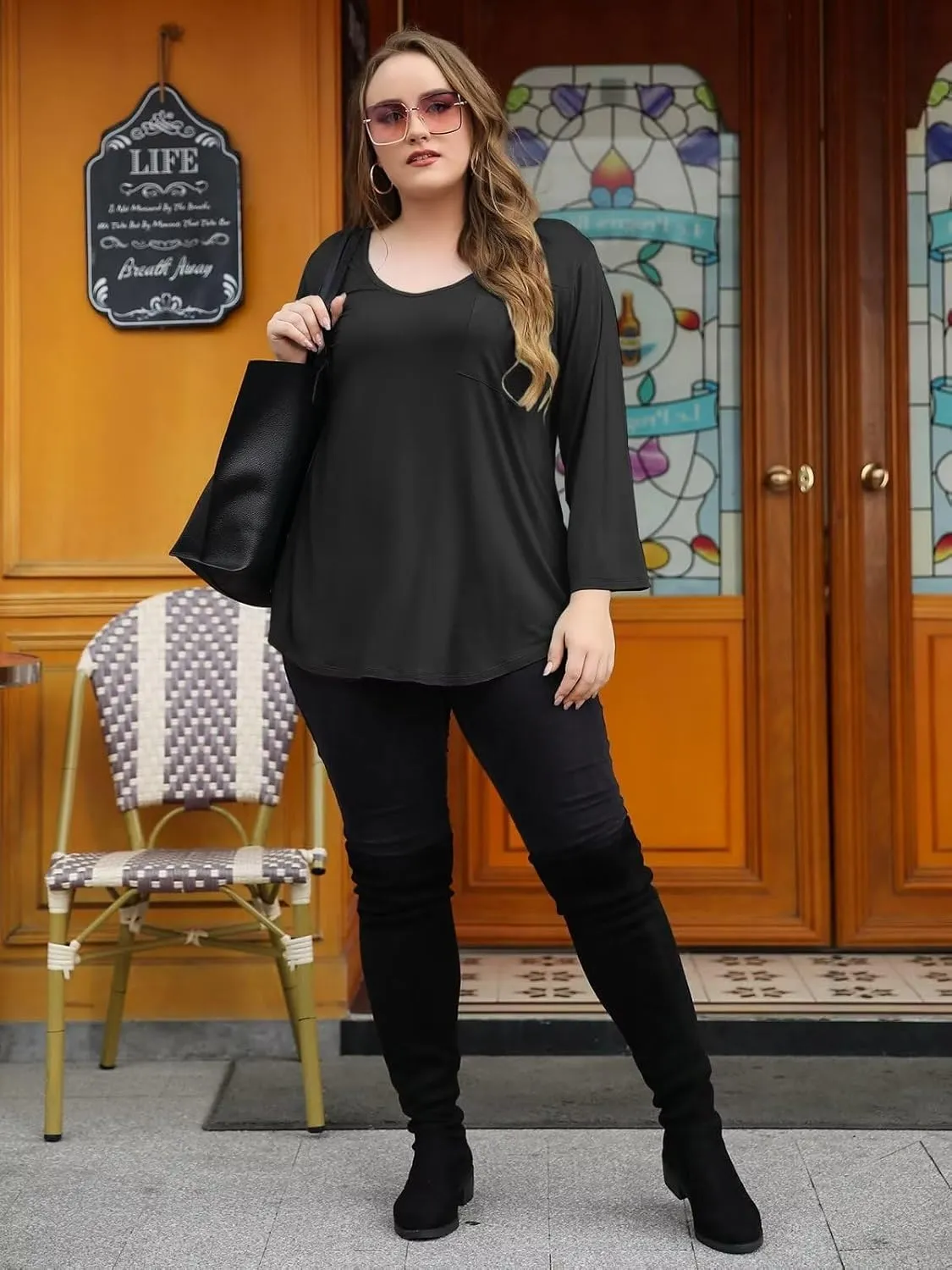 BELAROI Womens Plus Size Tunic Tops 3/4 Sleeve V Neck T Shirts Basic Tee Loose Blouses with Pocket