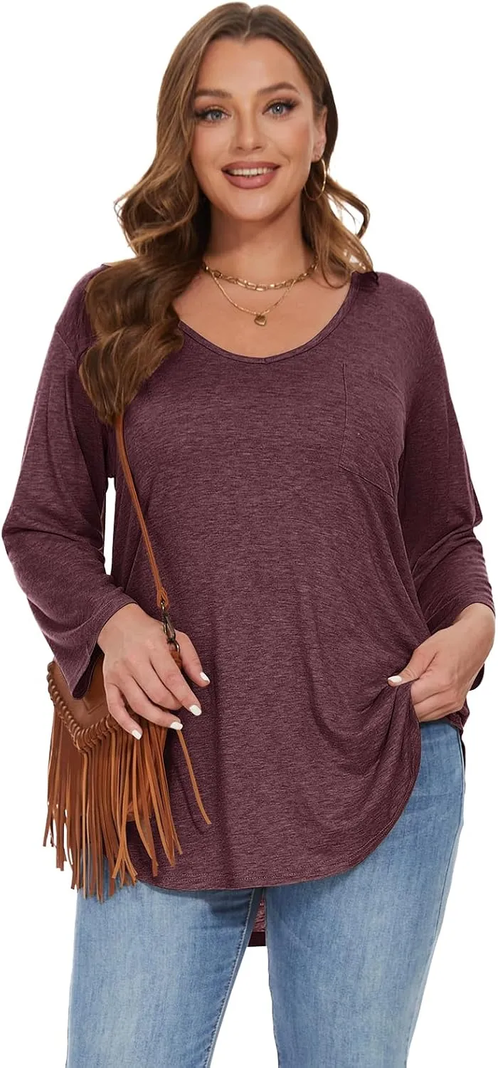 BELAROI Womens Plus Size Tunic Tops 3/4 Sleeve V Neck T Shirts Basic Tee Loose Blouses with Pocket