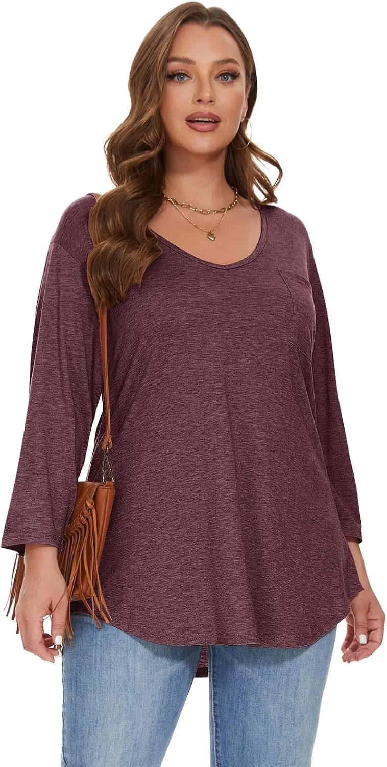 BELAROI Womens Plus Size Tunic Tops 3/4 Sleeve V Neck T Shirts Basic Tee Loose Blouses with Pocket