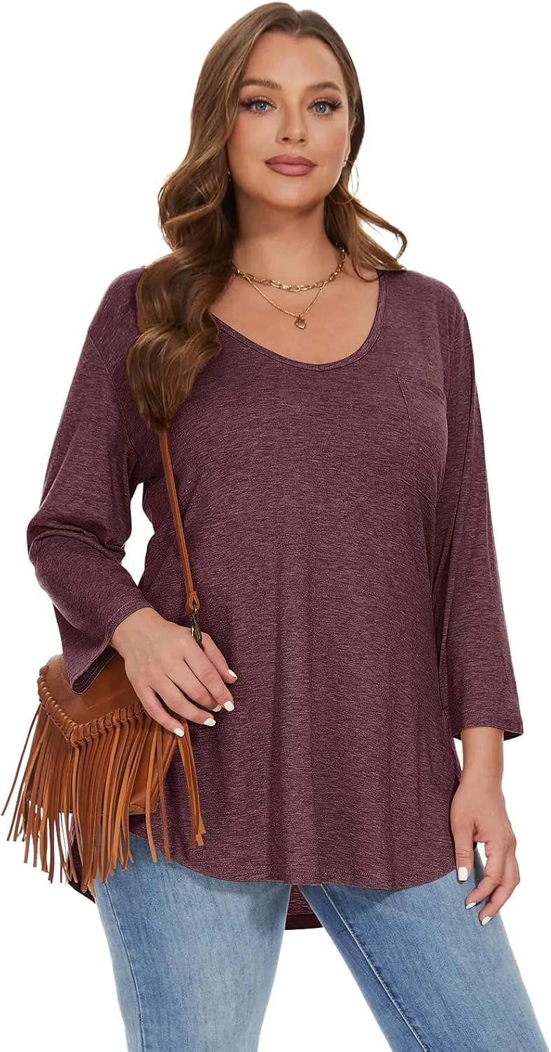 BELAROI Womens Plus Size Tunic Tops 3/4 Sleeve V Neck T Shirts Basic Tee Loose Blouses with Pocket