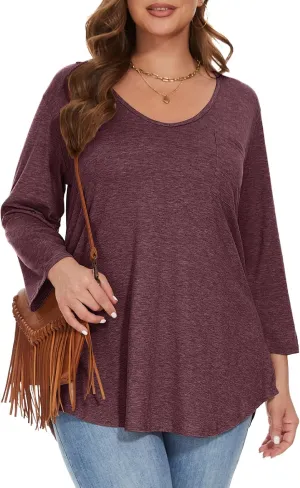 BELAROI Womens Plus Size Tunic Tops 3/4 Sleeve V Neck T Shirts Basic Tee Loose Blouses with Pocket