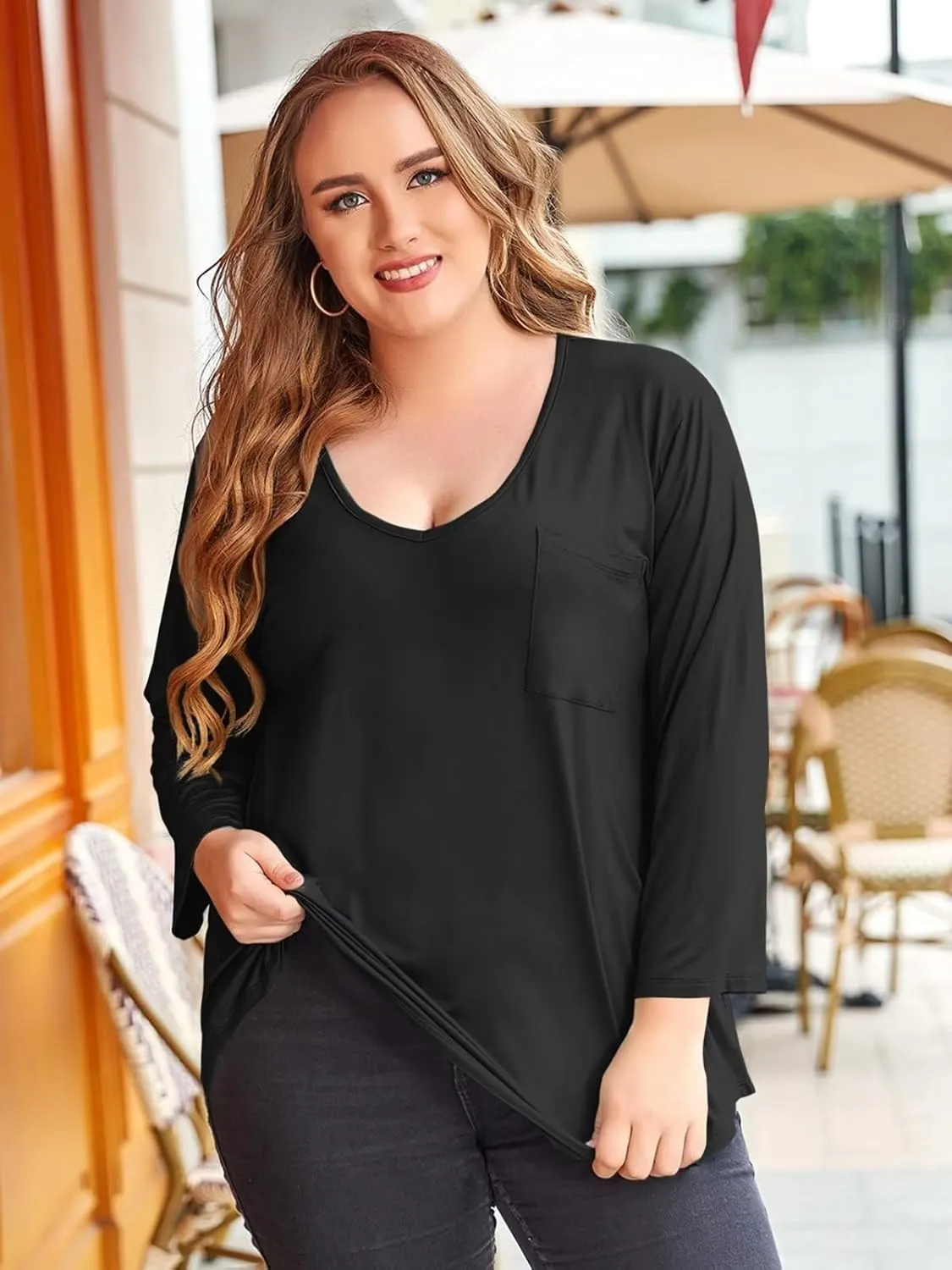 BELAROI Womens Plus Size Tunic Tops 3/4 Sleeve V Neck T Shirts Basic Tee Loose Blouses with Pocket