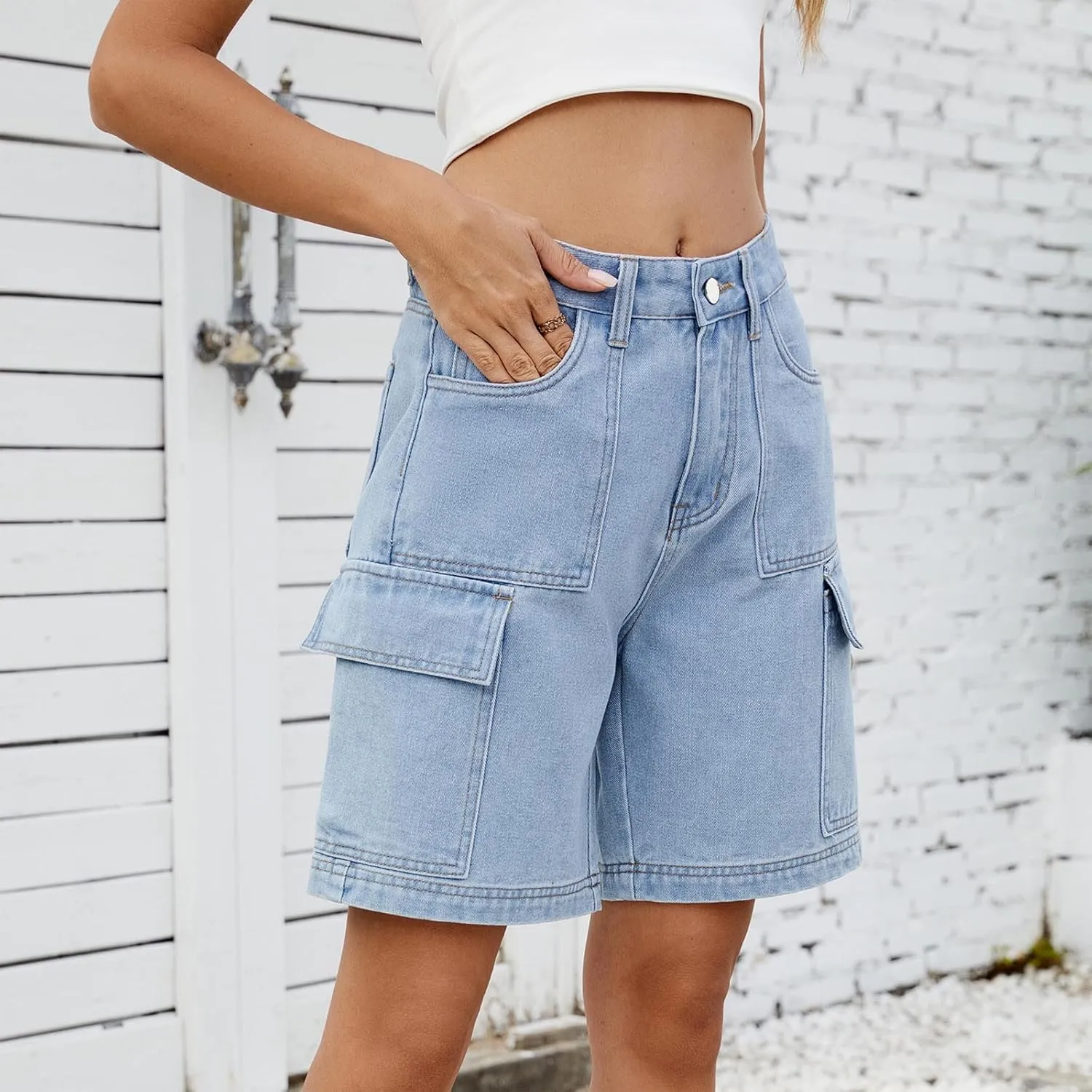 Bermuda Shorts for Women High Waisted Cargo Shorts Classic Casual Long Jean Shorts Stretchy Denim Jorts with Pockets