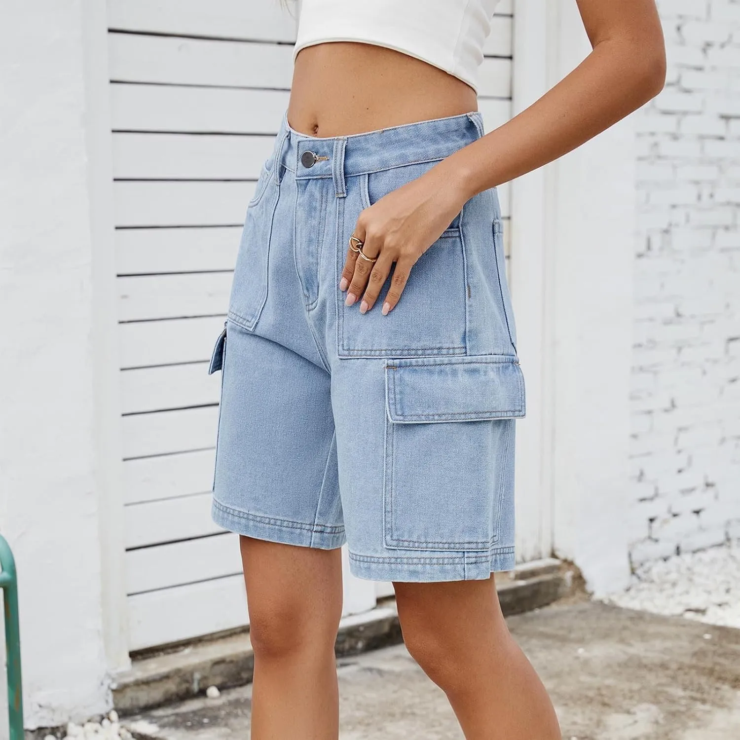Bermuda Shorts for Women High Waisted Cargo Shorts Classic Casual Long Jean Shorts Stretchy Denim Jorts with Pockets