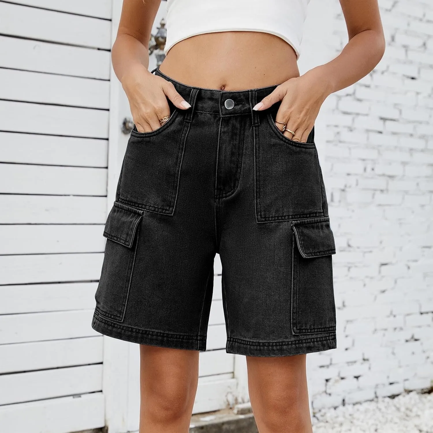 Bermuda Shorts for Women High Waisted Cargo Shorts Classic Casual Long Jean Shorts Stretchy Denim Jorts with Pockets
