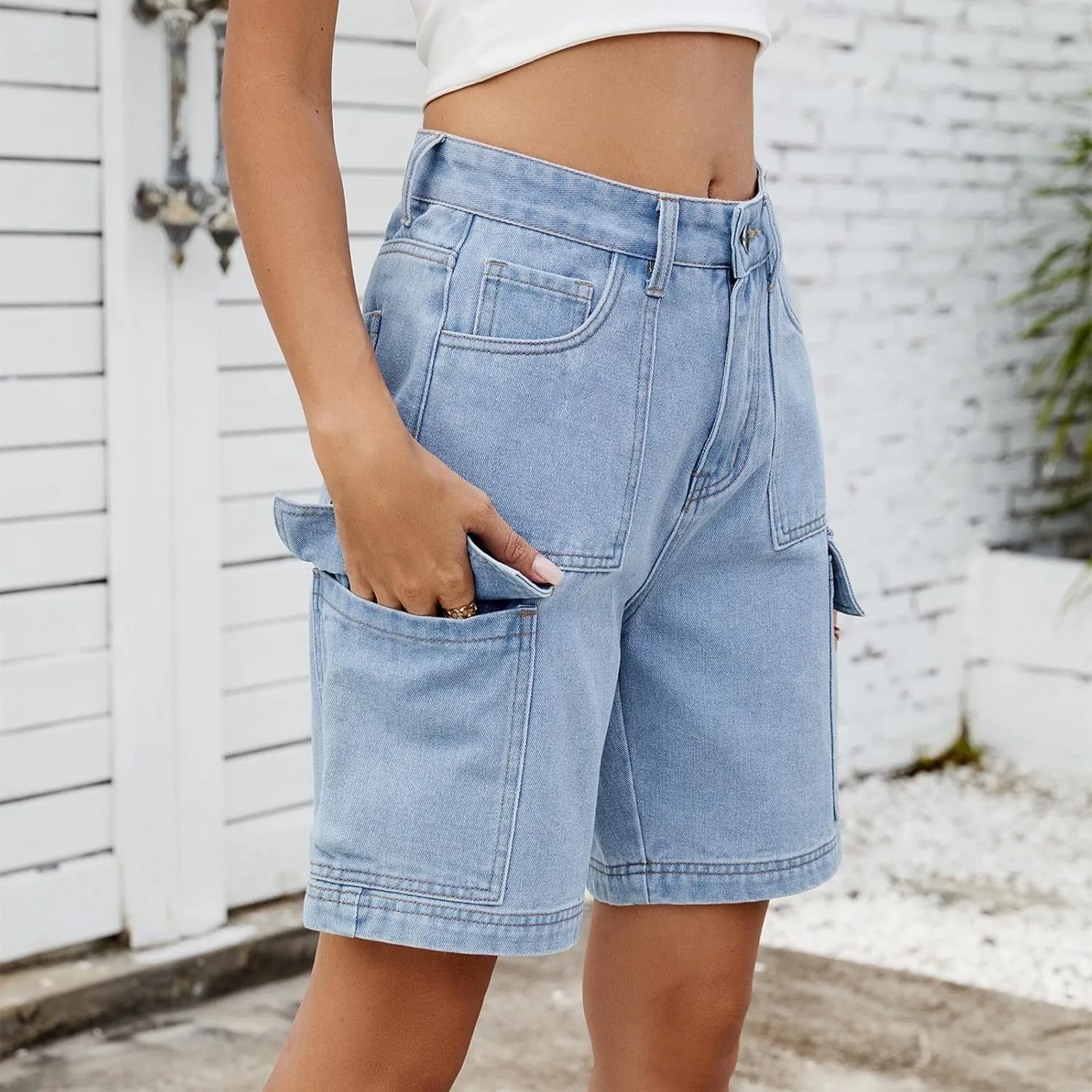 Bermuda Shorts for Women High Waisted Cargo Shorts Classic Casual Long Jean Shorts Stretchy Denim Jorts with Pockets