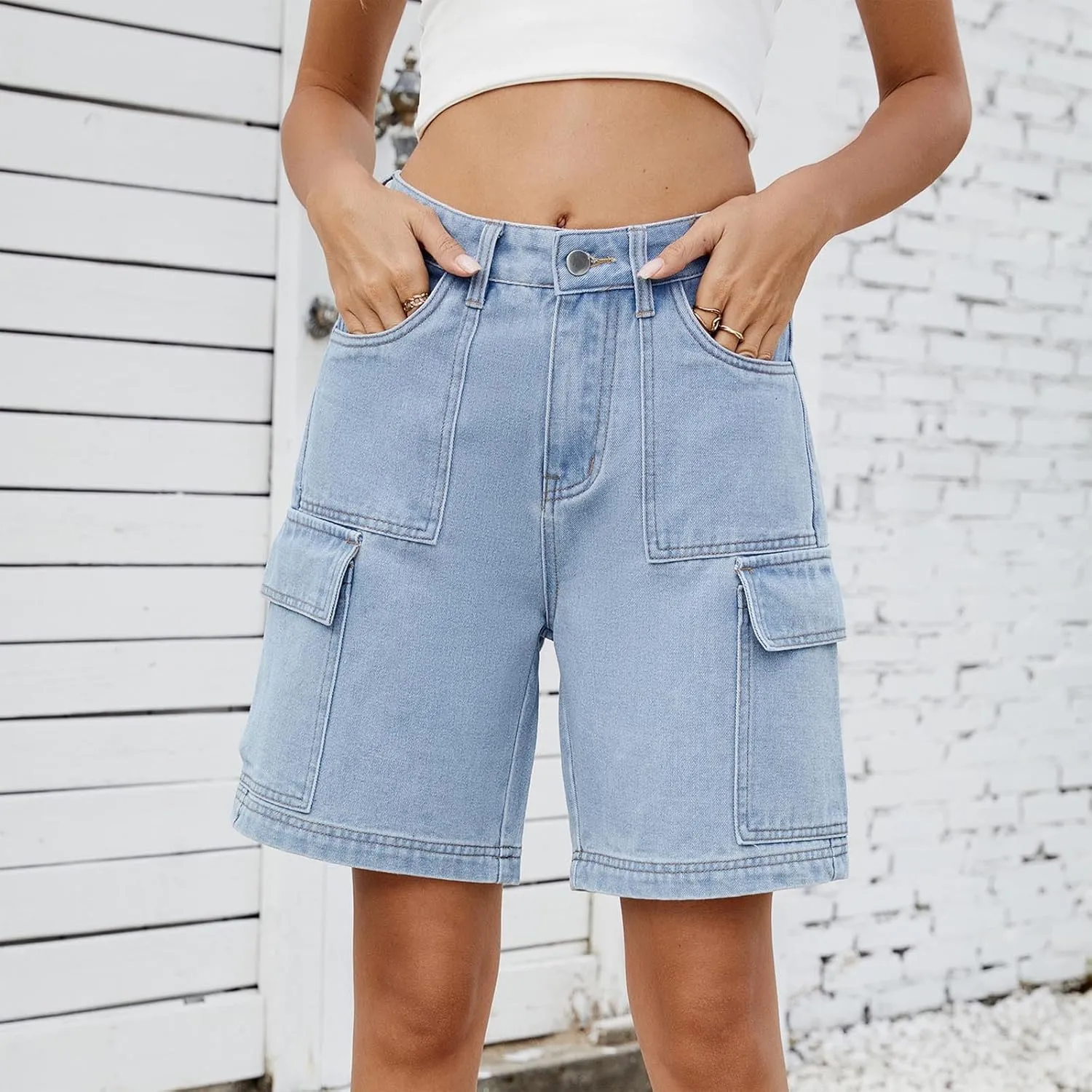 Bermuda Shorts for Women High Waisted Cargo Shorts Classic Casual Long Jean Shorts Stretchy Denim Jorts with Pockets