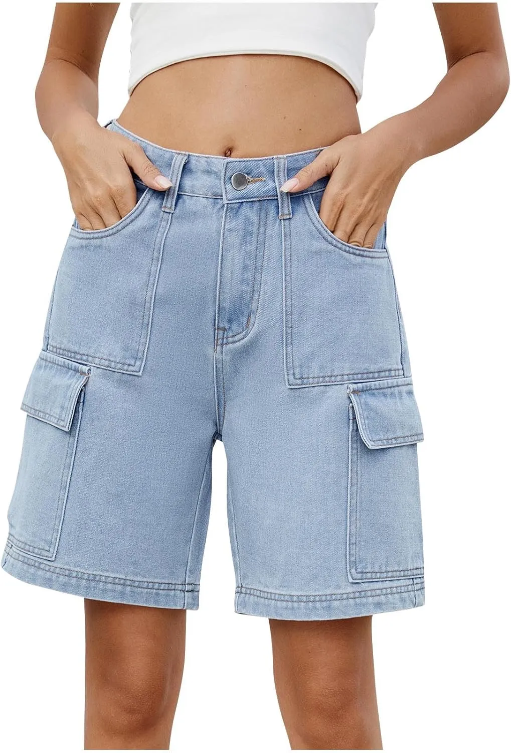 Bermuda Shorts for Women High Waisted Cargo Shorts Classic Casual Long Jean Shorts Stretchy Denim Jorts with Pockets