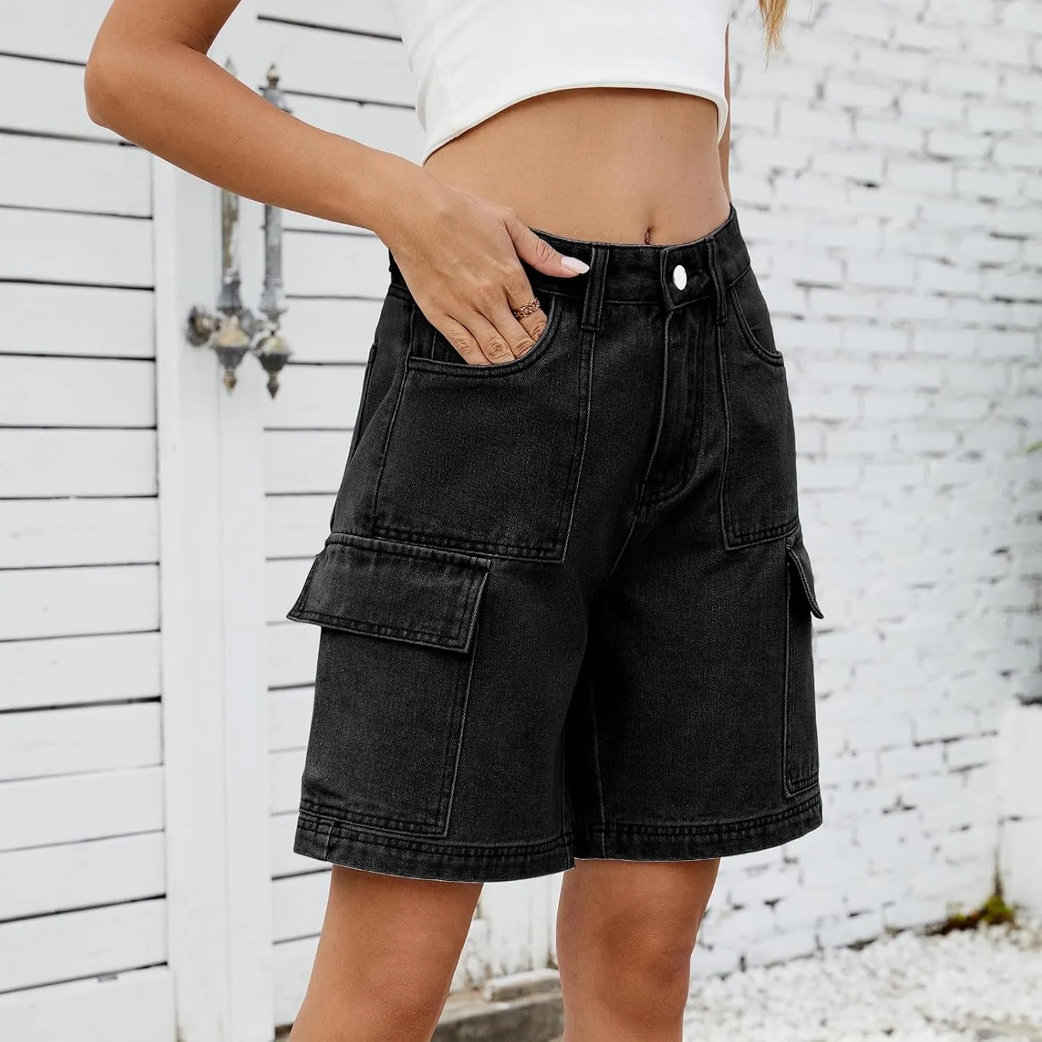 Bermuda Shorts for Women High Waisted Cargo Shorts Classic Casual Long Jean Shorts Stretchy Denim Jorts with Pockets