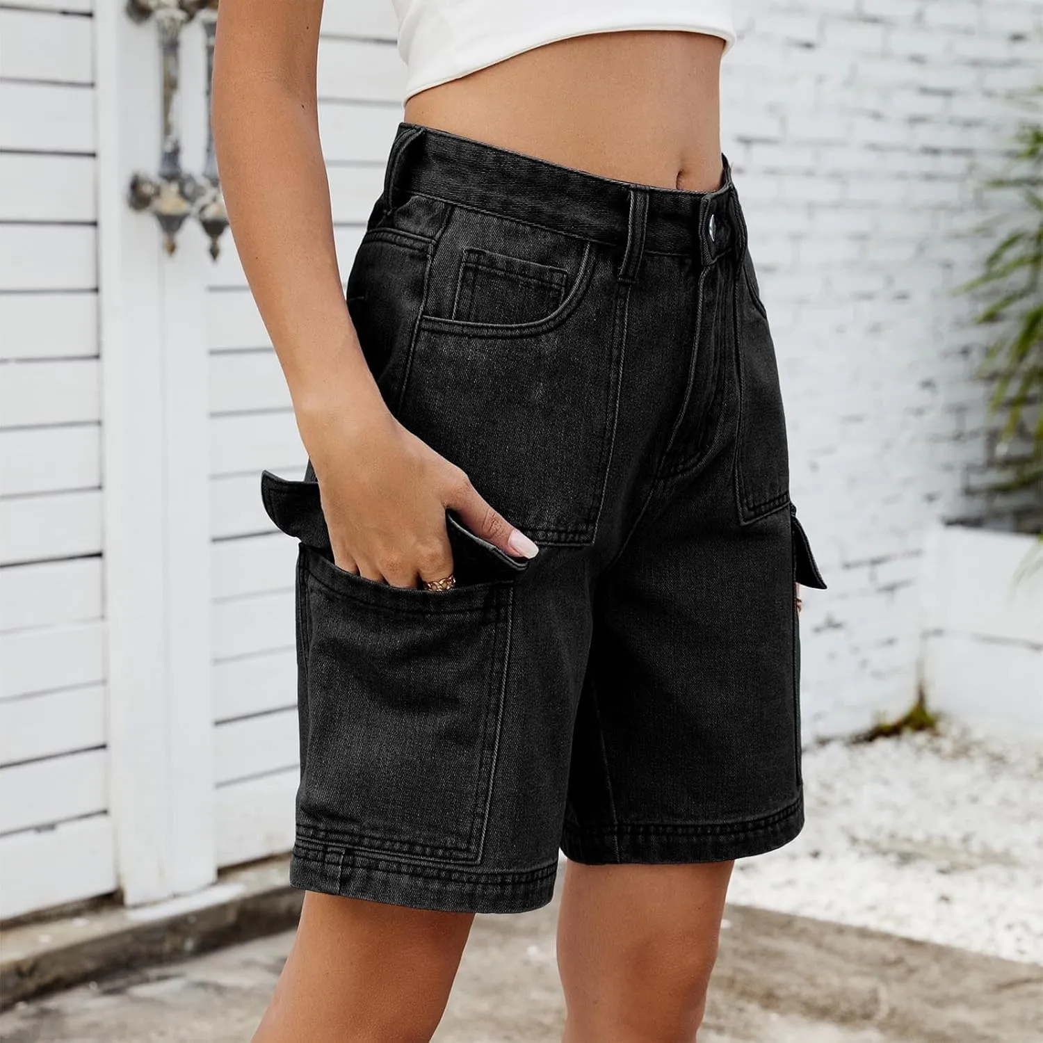 Bermuda Shorts for Women High Waisted Cargo Shorts Classic Casual Long Jean Shorts Stretchy Denim Jorts with Pockets