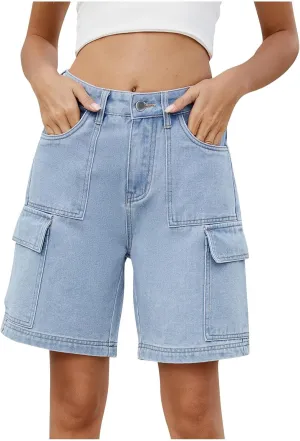 Bermuda Shorts for Women High Waisted Cargo Shorts Classic Casual Long Jean Shorts Stretchy Denim Jorts with Pockets