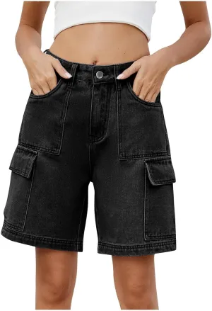 Bermuda Shorts for Women High Waisted Cargo Shorts Classic Casual Long Jean Shorts Stretchy Denim Jorts with Pockets