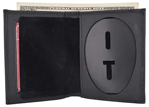 Bi-Fold Badge Holder Wallet, Shield Style with ID Window Leather, Black