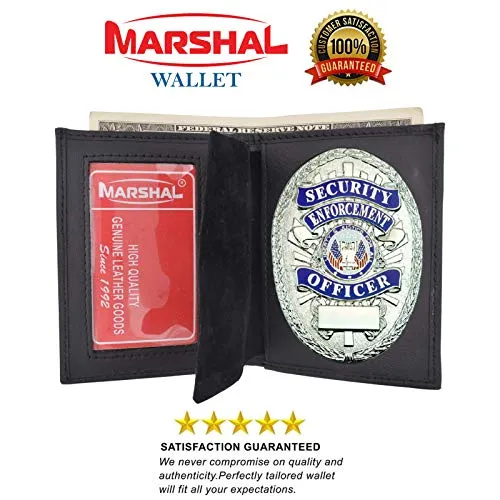 Bi-Fold Badge Holder Wallet, Shield Style with ID Window Leather, Black