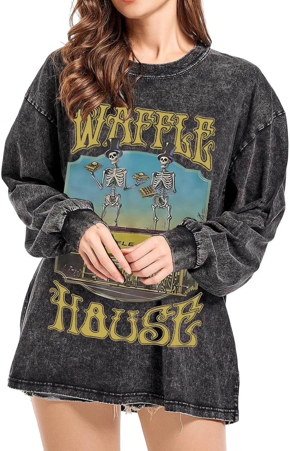 BINTEHGS Waffle House Acid Wash Vintage Oversized Sweatshirt Graphic Crewneck Sweatshirts Long Sleeve Shirts Unisex Pullover