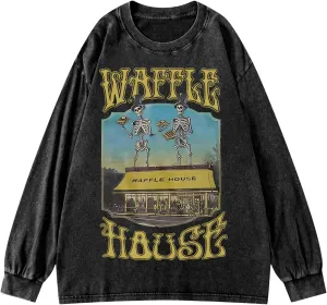 BINTEHGS Waffle House Acid Wash Vintage Oversized Sweatshirt Graphic Crewneck Sweatshirts Long Sleeve Shirts Unisex Pullover