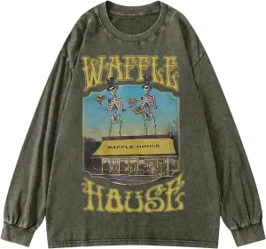 BINTEHGS Waffle House Acid Wash Vintage Oversized Sweatshirt Graphic Crewneck Sweatshirts Long Sleeve Shirts Unisex Pullover
