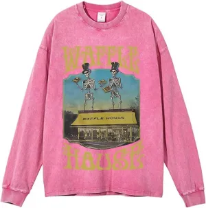 BINTEHGS Waffle House Acid Wash Vintage Oversized Sweatshirt Graphic Crewneck Sweatshirts Long Sleeve Shirts Unisex Pullover