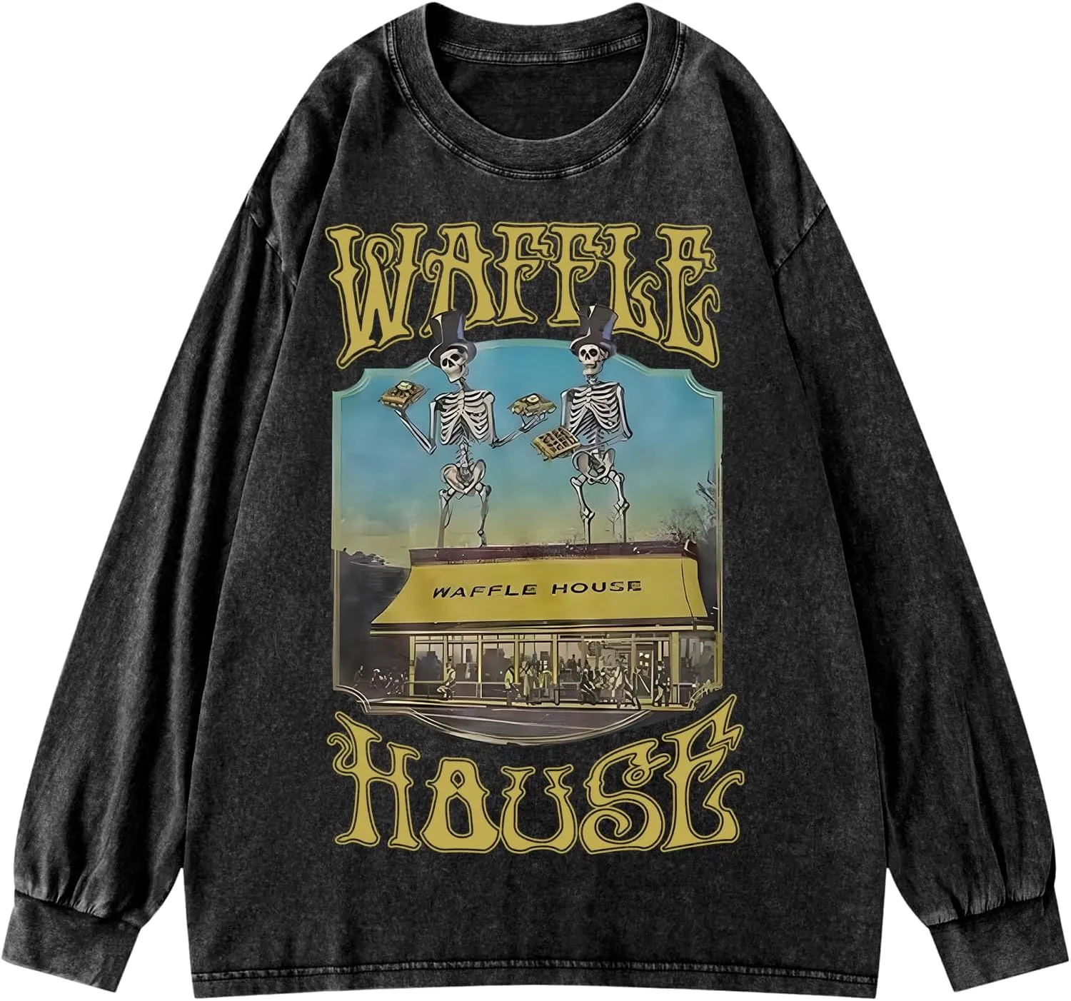 BINTEHGS Waffle House Acid Wash Vintage Oversized Sweatshirt Graphic Crewneck Sweatshirts Long Sleeve Shirts Unisex Pullover