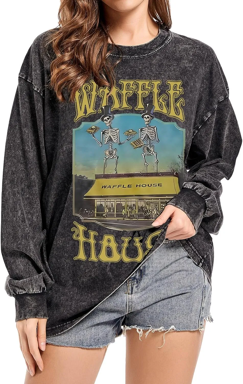 BINTEHGS Waffle House Acid Wash Vintage Oversized Sweatshirt Graphic Crewneck Sweatshirts Long Sleeve Shirts Unisex Pullover