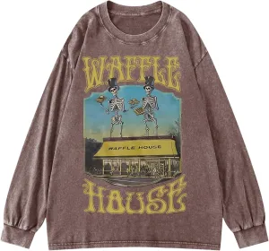 BINTEHGS Waffle House Acid Wash Vintage Oversized Sweatshirt Graphic Crewneck Sweatshirts Long Sleeve Shirts Unisex Pullover