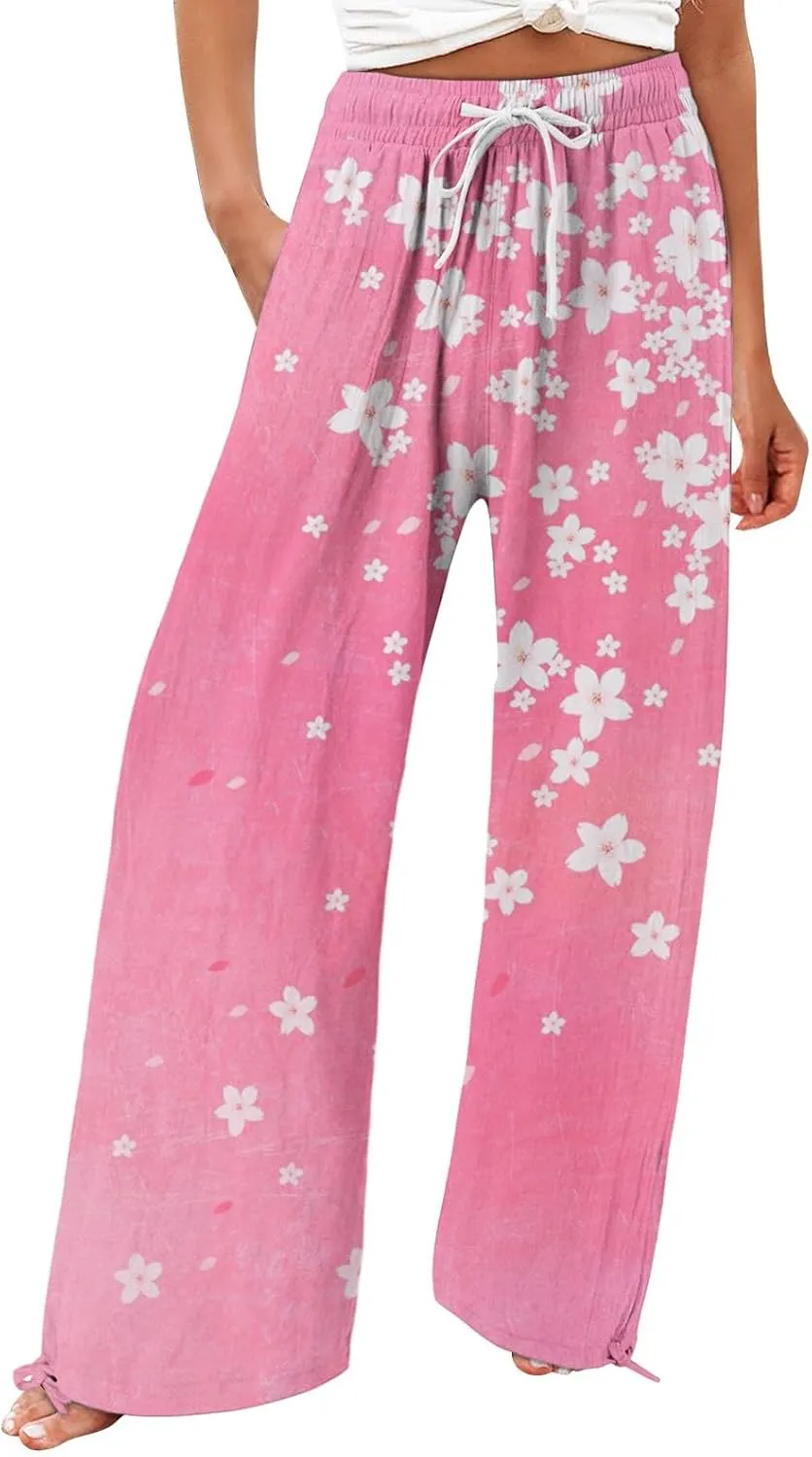 Boho Pants for Women Floral Print Cotton Linen Pant Elastic Waist Drawstring Summer Beach Baggy Trousers with Pocket