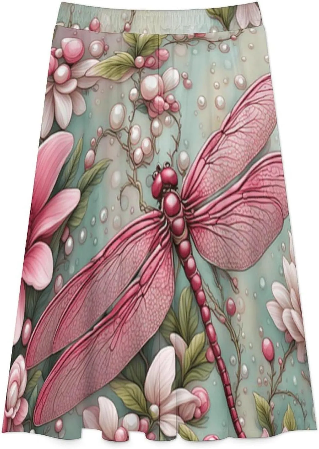 Breathable Pink Dragonfly Print Midi Skirts High Elastic Waist Ruffling Swing Office Skirts