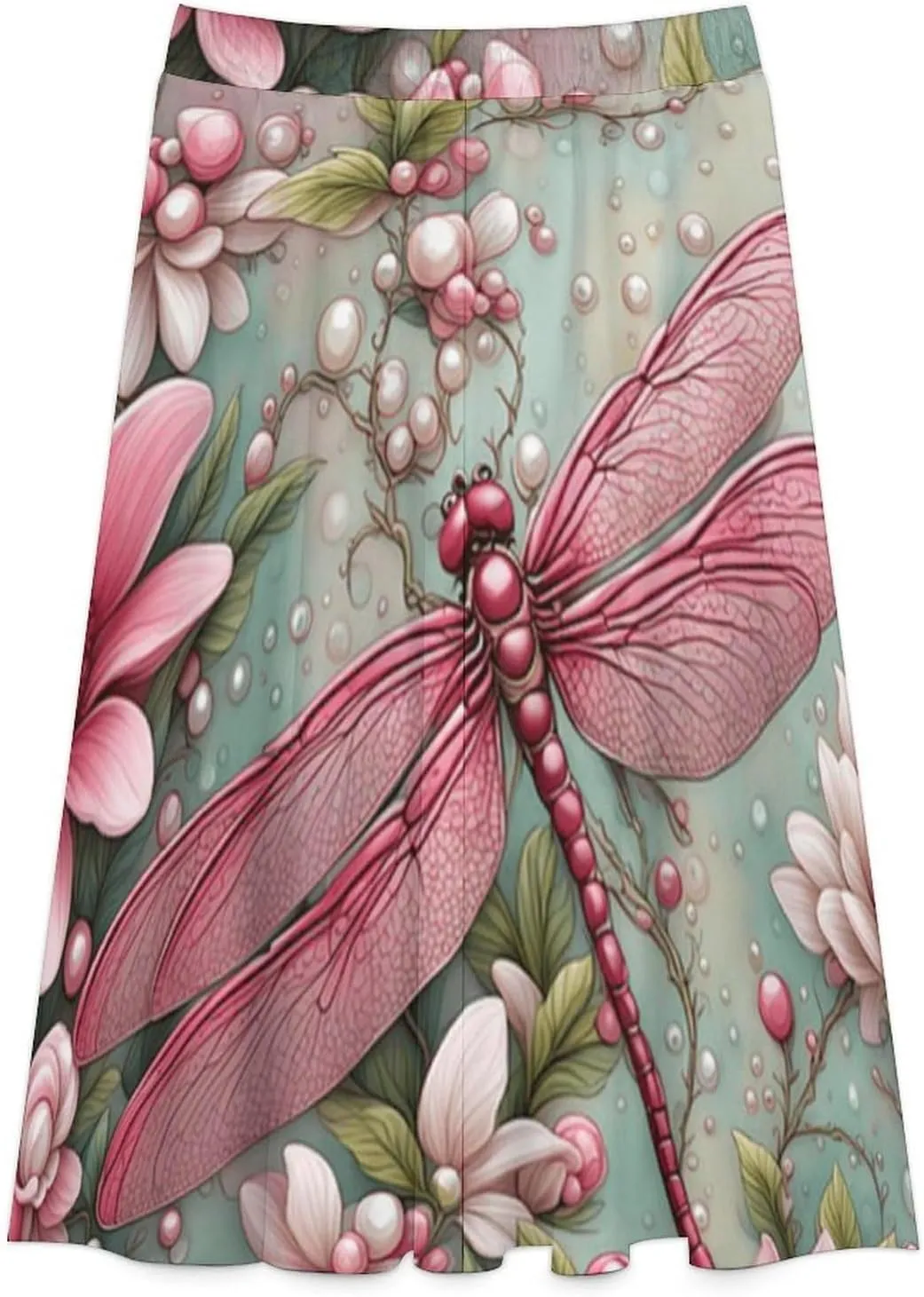 Breathable Pink Dragonfly Print Midi Skirts High Elastic Waist Ruffling Swing Office Skirts