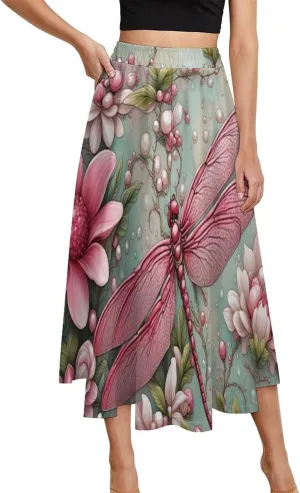 Breathable Pink Dragonfly Print Midi Skirts High Elastic Waist Ruffling Swing Office Skirts
