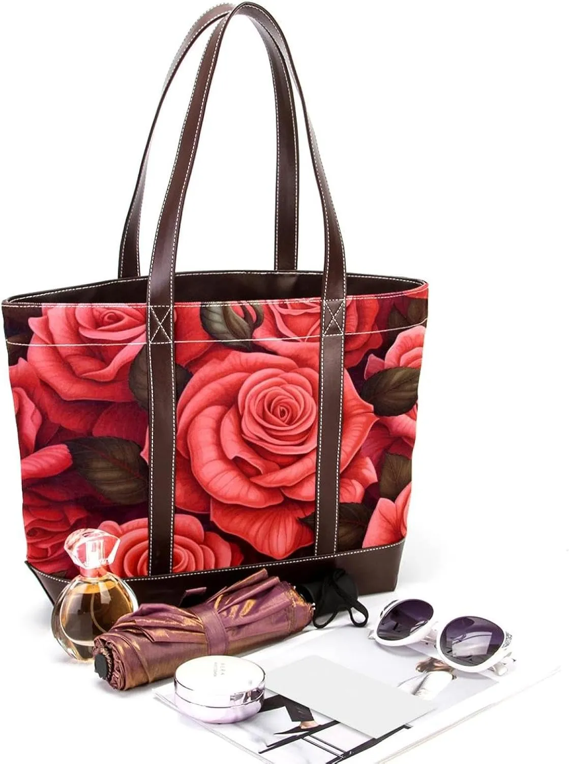 Bright Red Roses-903 Shoulder Purses for Women Large Soft Washed Leather Purses and Durable Handbags