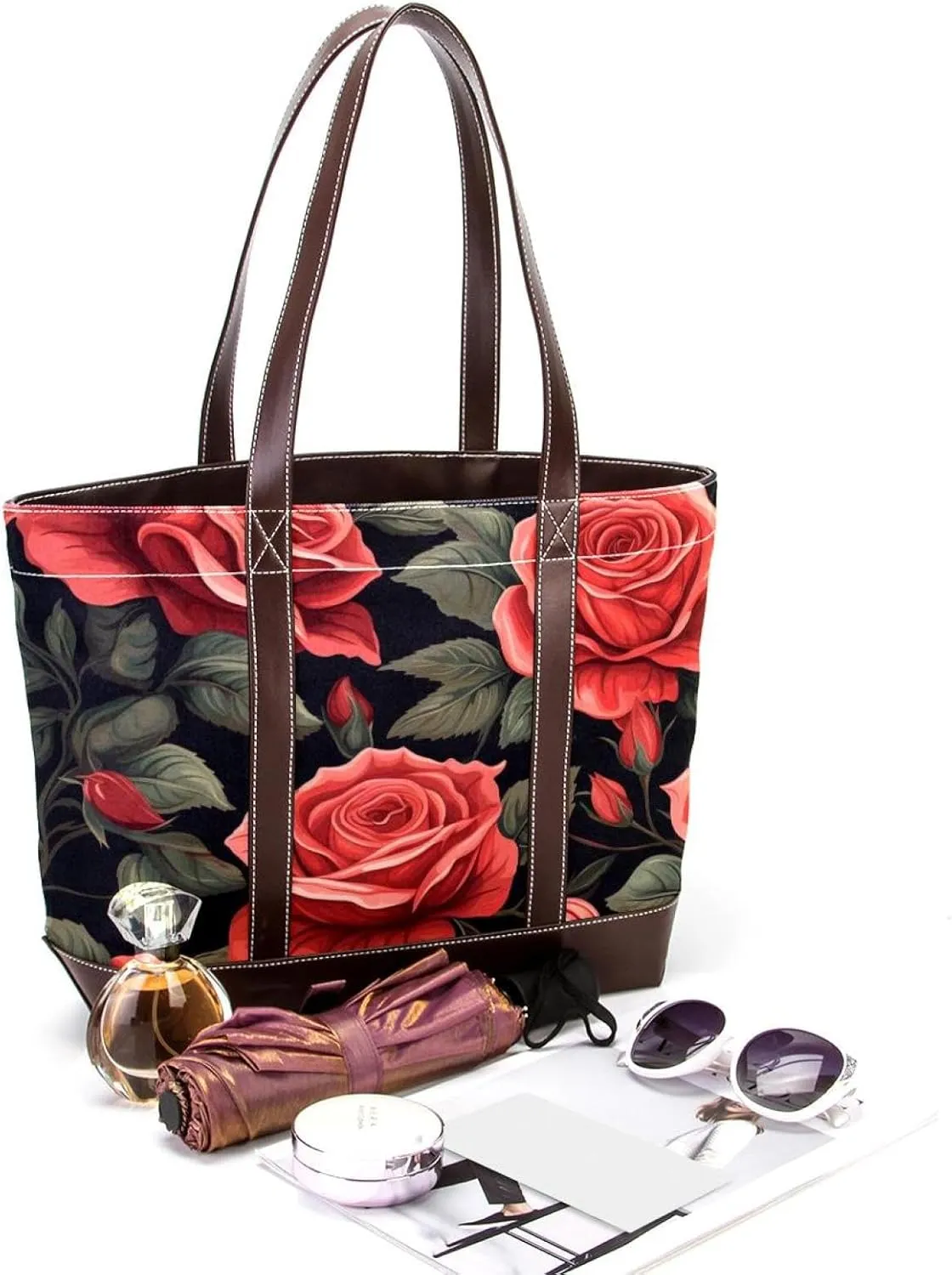 Bright Red Roses-903 Shoulder Purses for Women Large Soft Washed Leather Purses and Durable Handbags