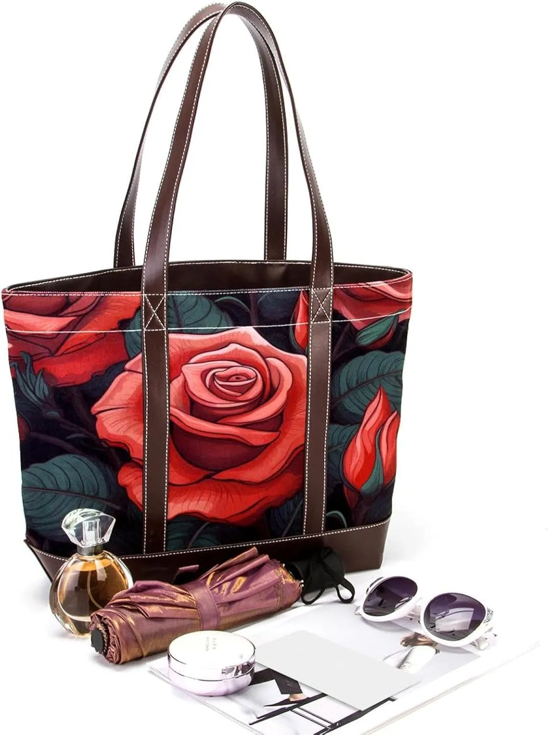 Bright Red Roses-936 Shoulder Purses for Women Large Soft Washed Leather Purses and Durable Handbags
