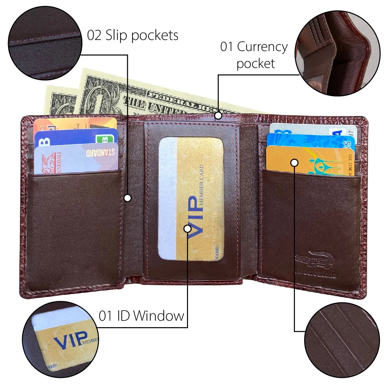 Brown Alligator Leather Trifold Wallet RFID Blocking | TRI33