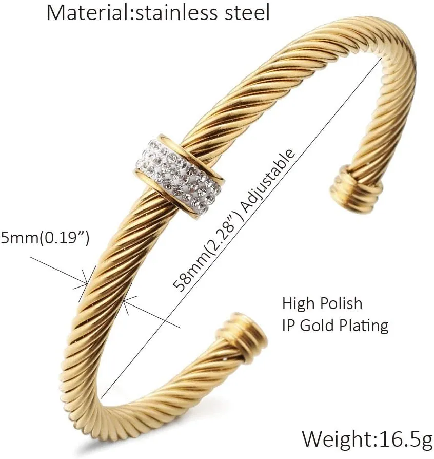 Cable Cuff Bracelets, Stainless Steel Twisted Wire Composite Bracelet Bangles, Adjustable Elegant Antique Jewelry with Rhinestone for Women, Ladies Gift Idea