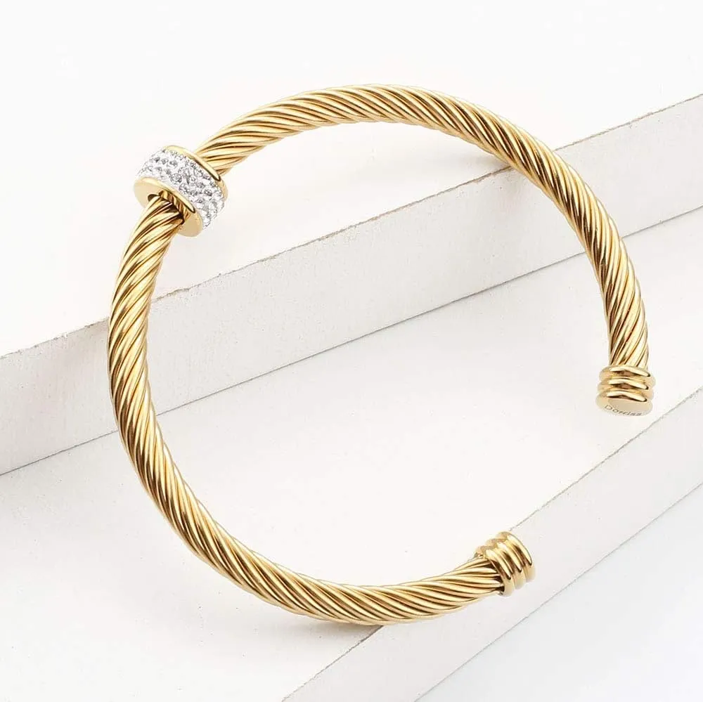 Cable Cuff Bracelets, Stainless Steel Twisted Wire Composite Bracelet Bangles, Adjustable Elegant Antique Jewelry with Rhinestone for Women, Ladies Gift Idea