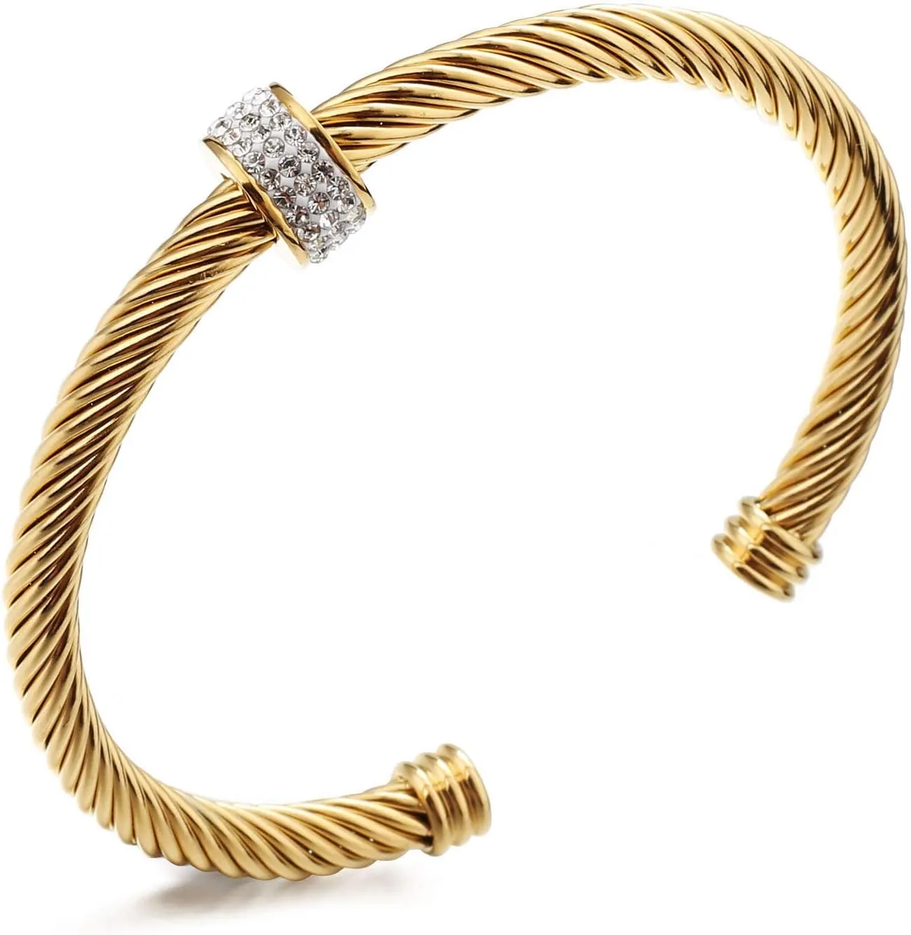 Cable Cuff Bracelets, Stainless Steel Twisted Wire Composite Bracelet Bangles, Adjustable Elegant Antique Jewelry with Rhinestone for Women, Ladies Gift Idea