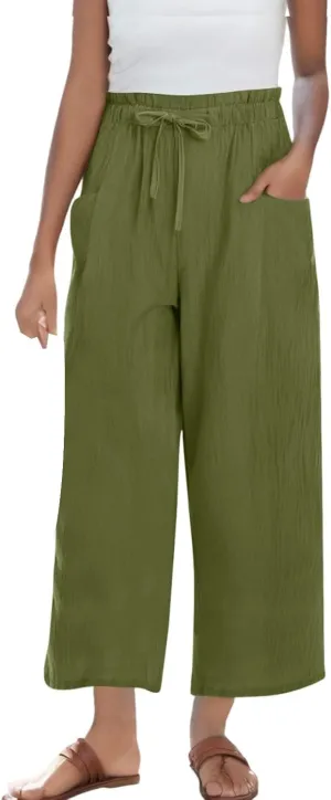Capri Pants for Women Casual 2025 Summer Linen Pants Drawstring Elastic High Waist Wide Leg Lounge Cropped Trousers