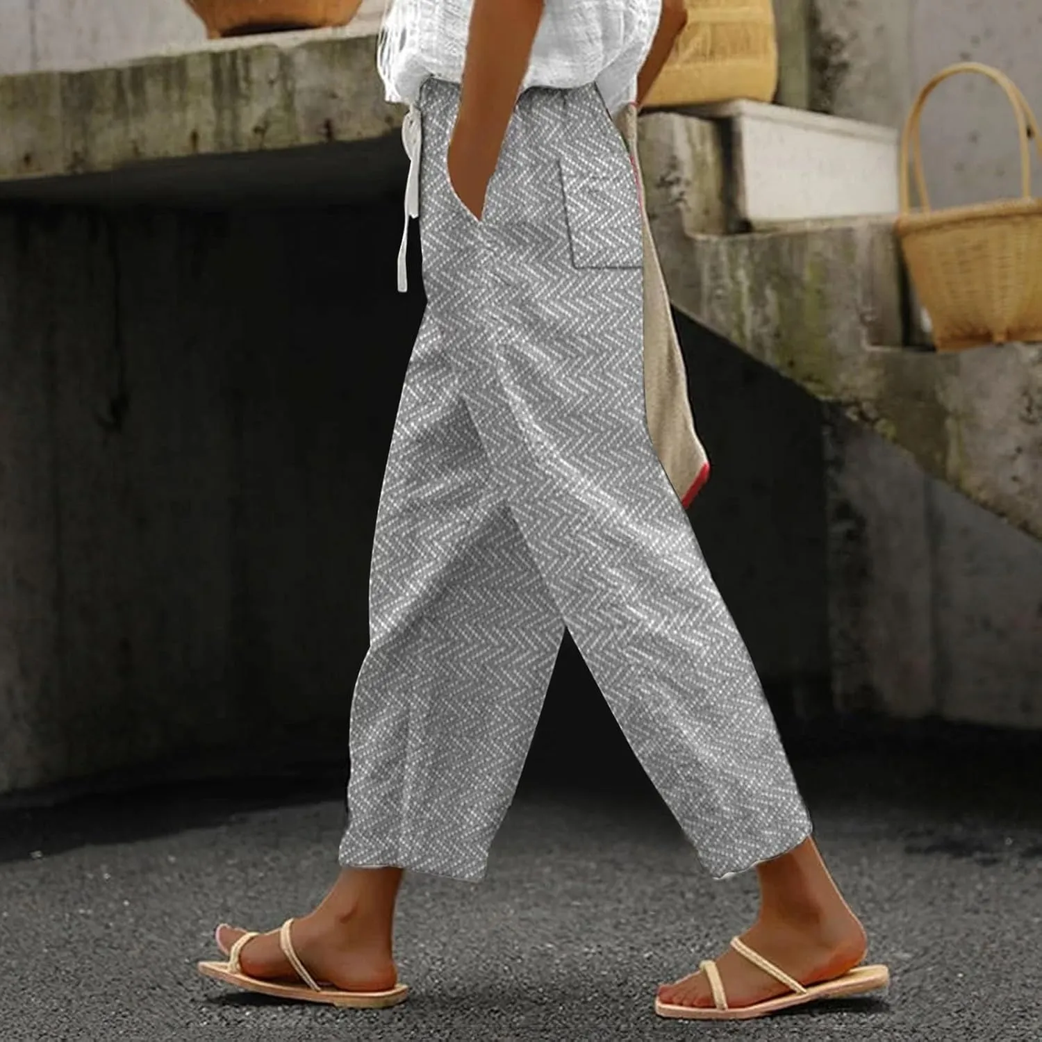 Capri Pants for Women Drawstring Capri Pants with Pockets Wide Leg Cropped Pants for Women Capri Linen Pants for