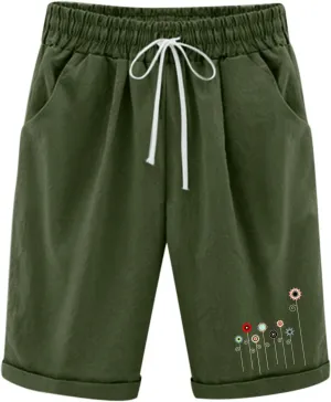 Capri Pants for Women Striped Linen Capris Comfort Plus Size Pants Elastic High Waisted Drawstring Rolled Hem Shorts