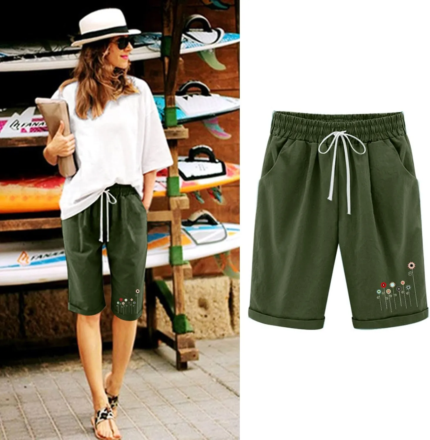 Capri Pants for Women Striped Linen Capris Comfort Plus Size Pants Elastic High Waisted Drawstring Rolled Hem Shorts