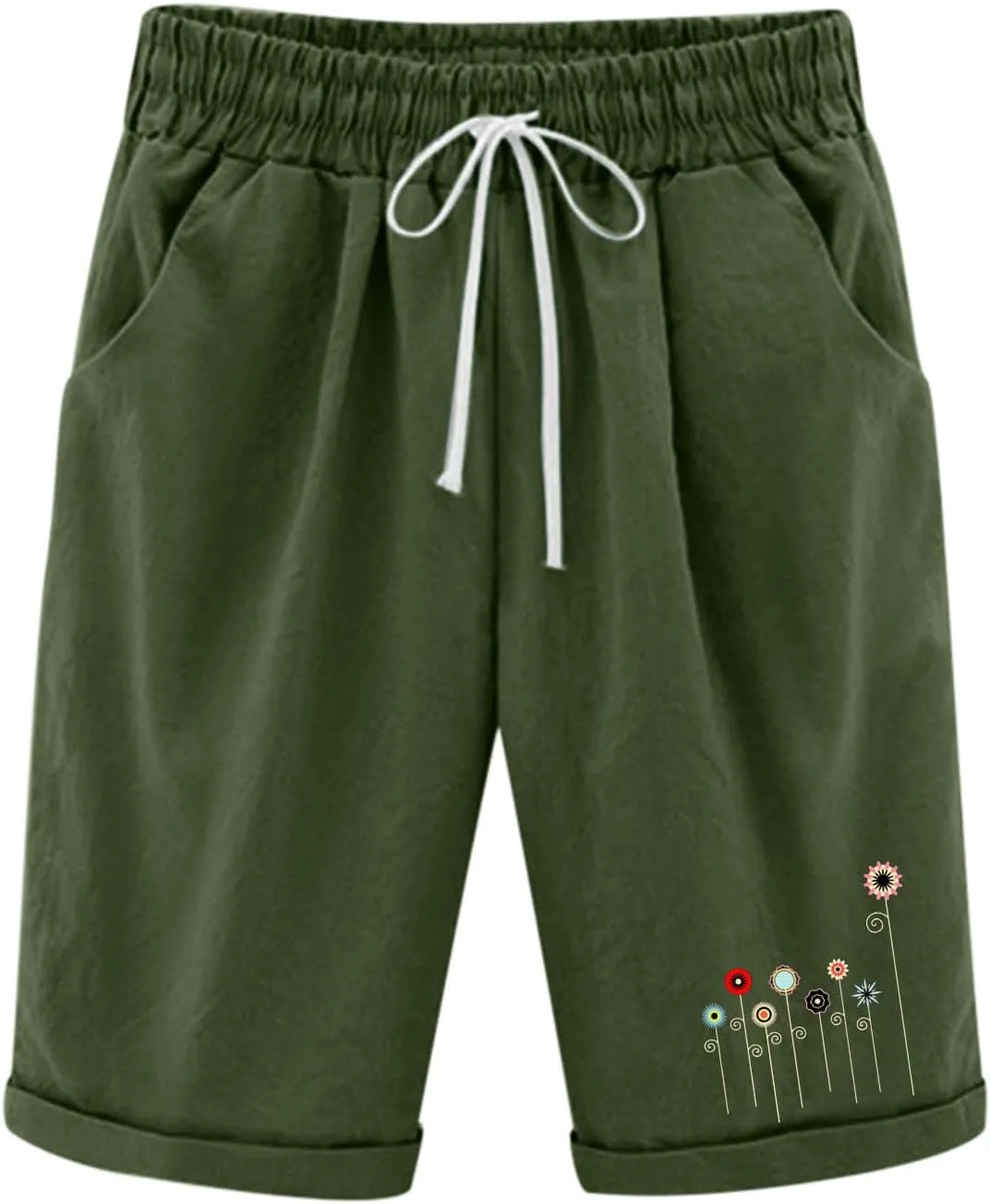 Capri Pants for Women Striped Linen Capris Comfort Plus Size Pants Elastic High Waisted Drawstring Rolled Hem Shorts