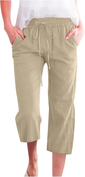Capri Pants for Women Summer Cotton Linen Pant Casual Beach Capris Lounge Wide Leg Cropped Trousers Pant with Pockets