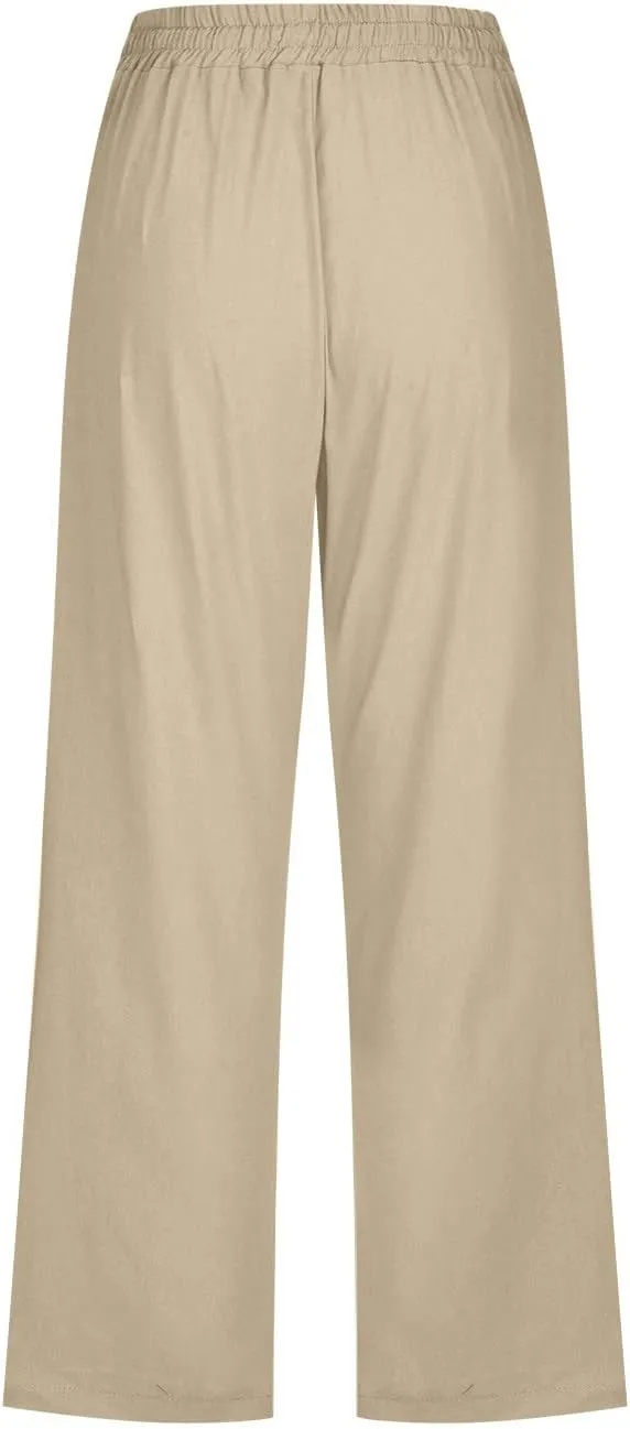Capri Pants for Women Summer Cotton Linen Pant Casual Beach Capris Lounge Wide Leg Cropped Trousers Pant with Pockets