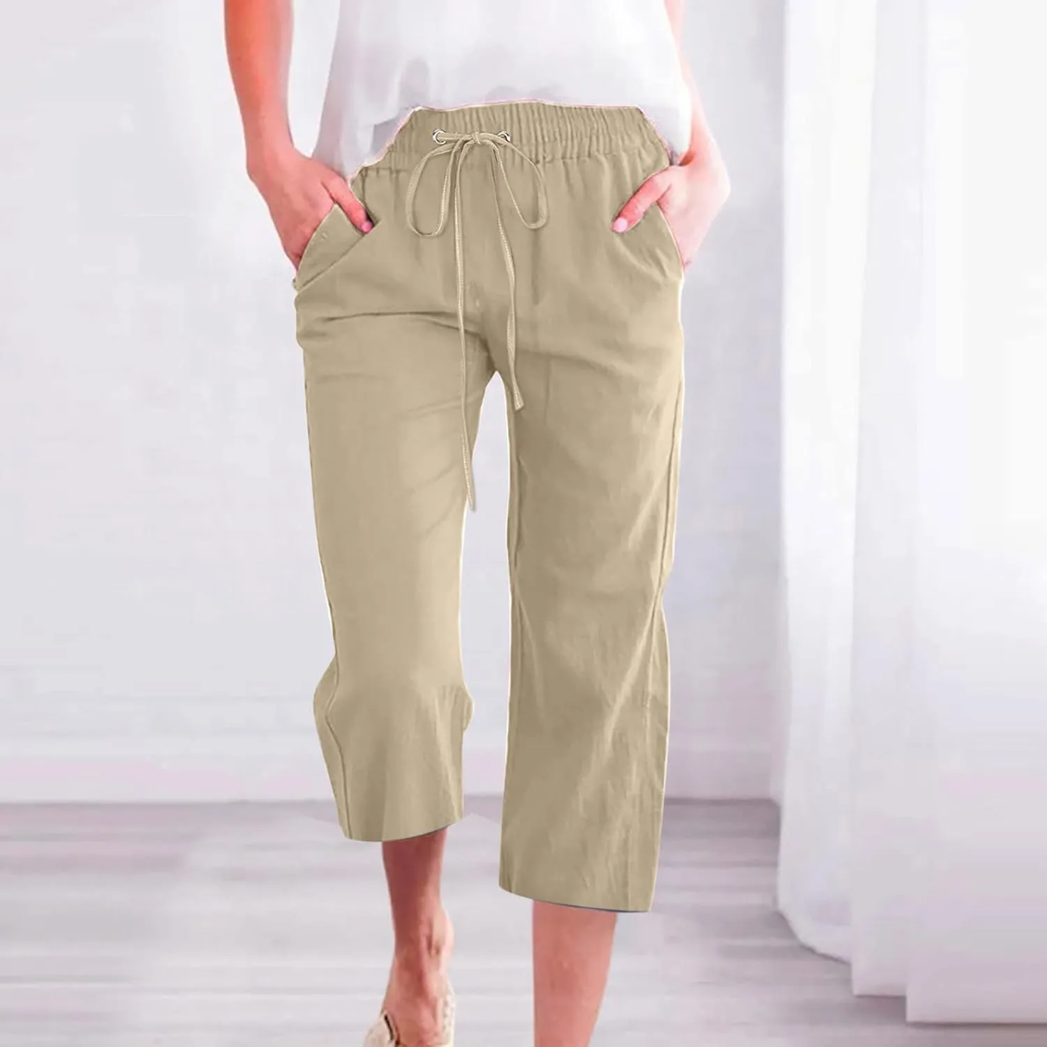 Capri Pants for Women Summer Cotton Linen Pant Casual Beach Capris Lounge Wide Leg Cropped Trousers Pant with Pockets
