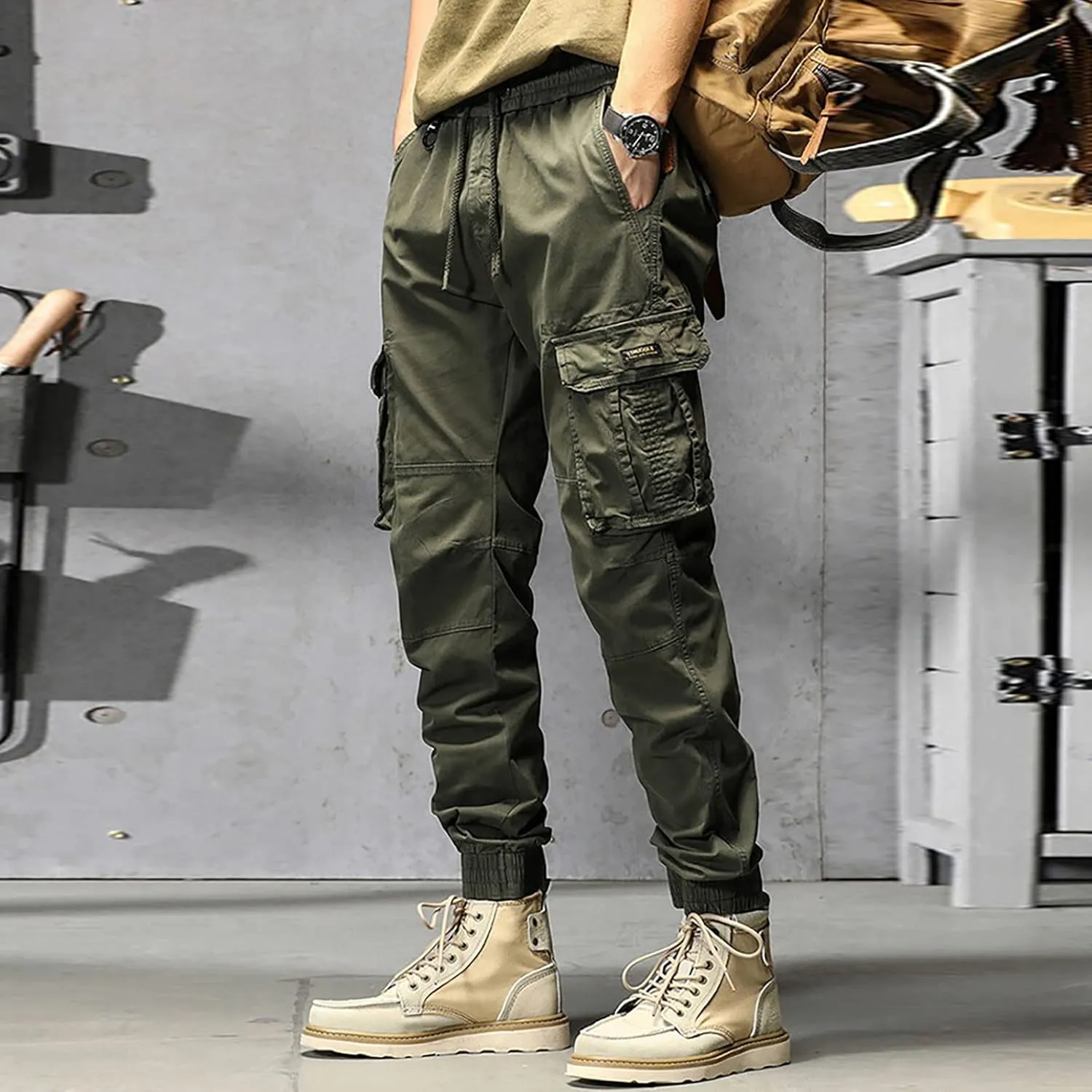 Cargo Pants for Men Big and Tall, Men's Elastic Waist Drawstring Long Pants Solid Color Pockets Casual Loose Trousers
